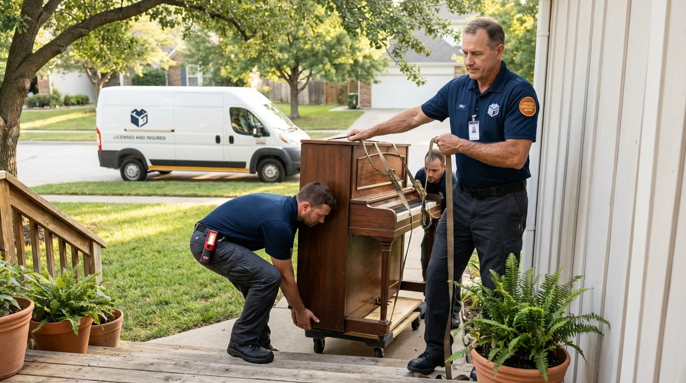 Licensed piano movers securing grand piano in Warden, WA