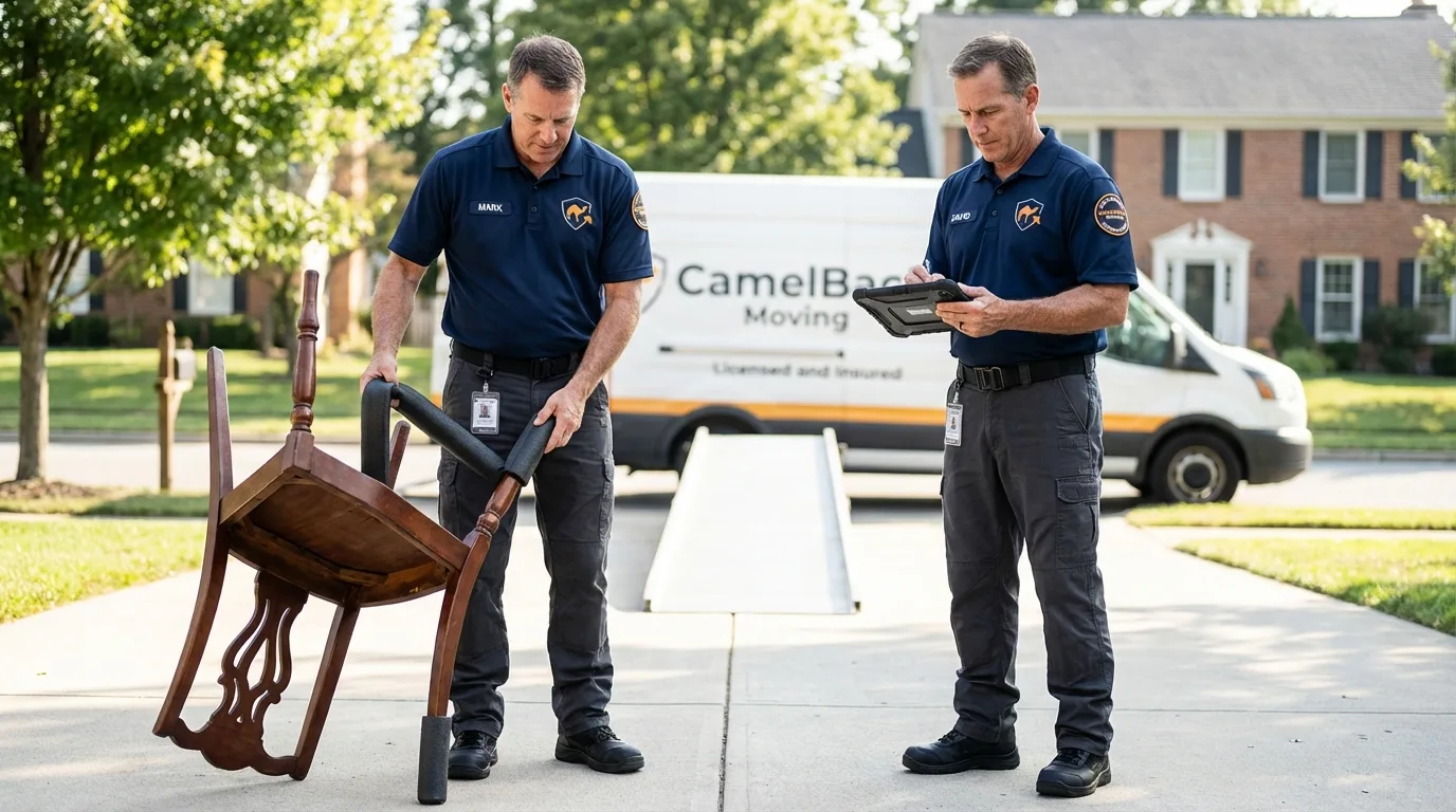 Movers inspecting furniture for damage prevention before loading in Warden, WA