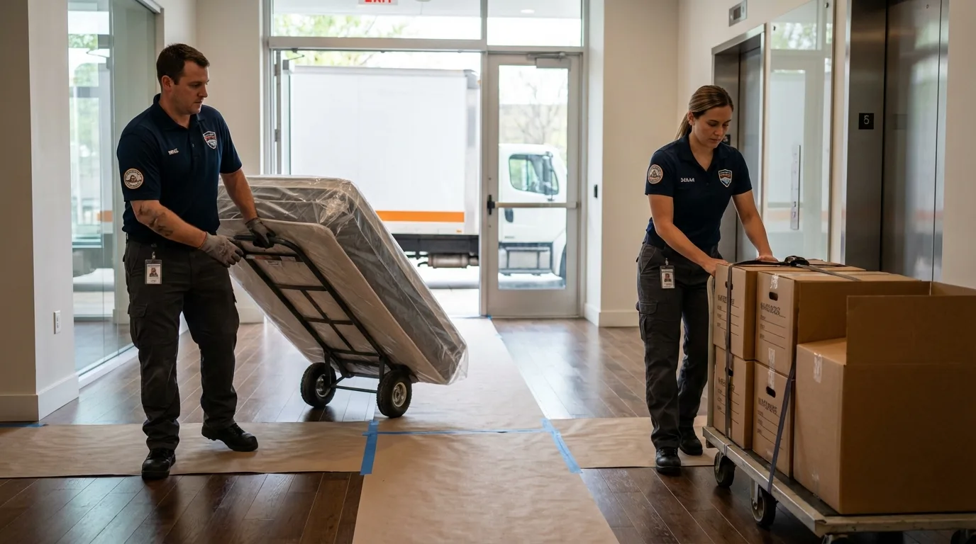 Professional apartment movers loading elevator in Warden, WA